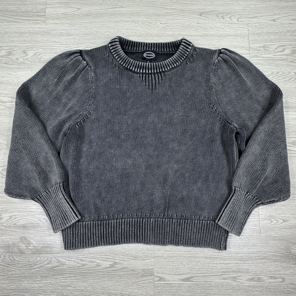 Scoop Womens Sweater XL Acid Wash Gray Puff Shoulder Long Sleeve Cotton Pullover